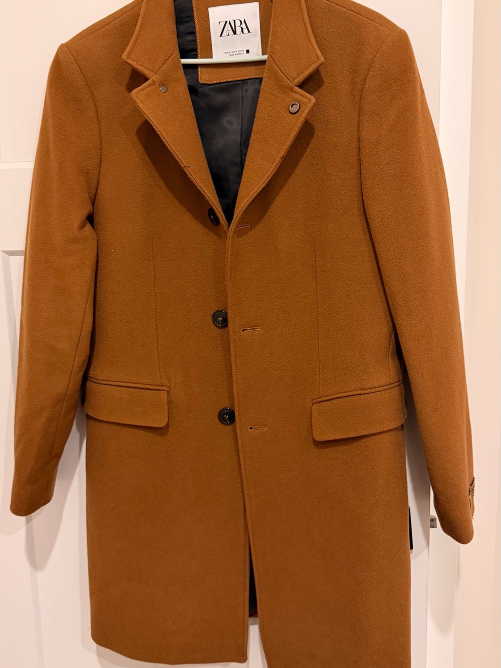 ZARA Men's Camel Brown Single-Breasted Wool Pea Coat